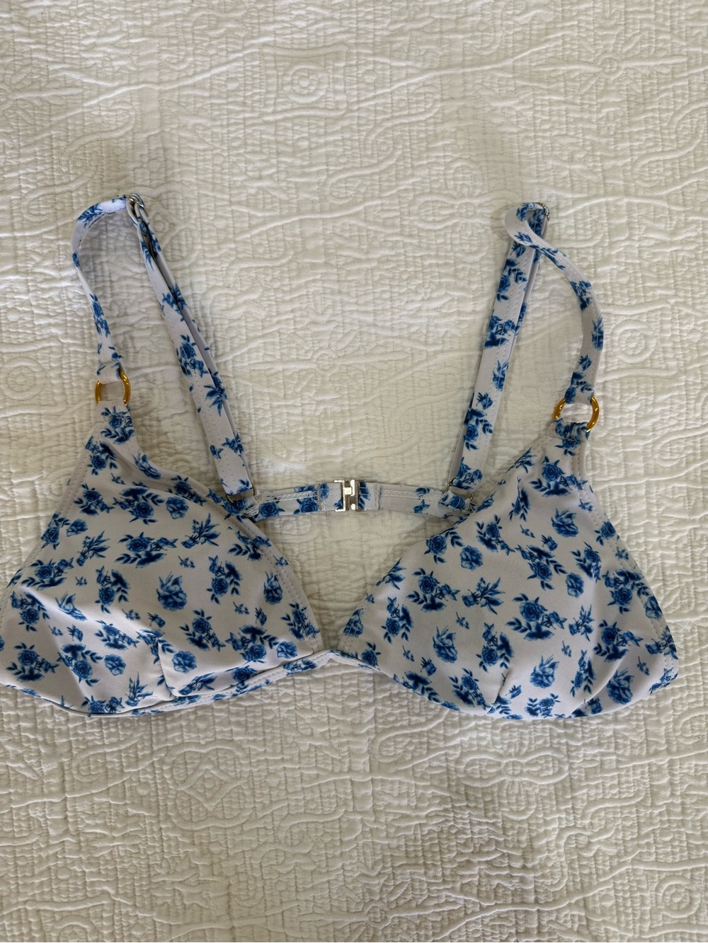 SHEIN White and Blue Floral Triangle Bralette